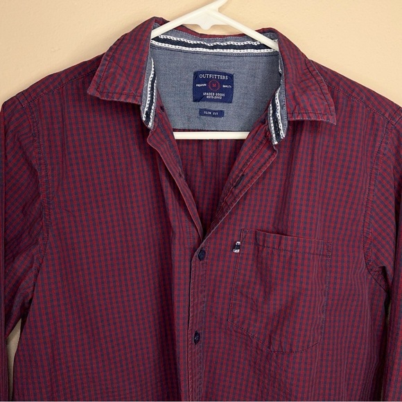 MEDIUM RED BLUE PLAID LONG SLEEVE BUTTON FRONT SHIRT MENS COTTON ACADEMIA PREPPY - Picture 7 of 14